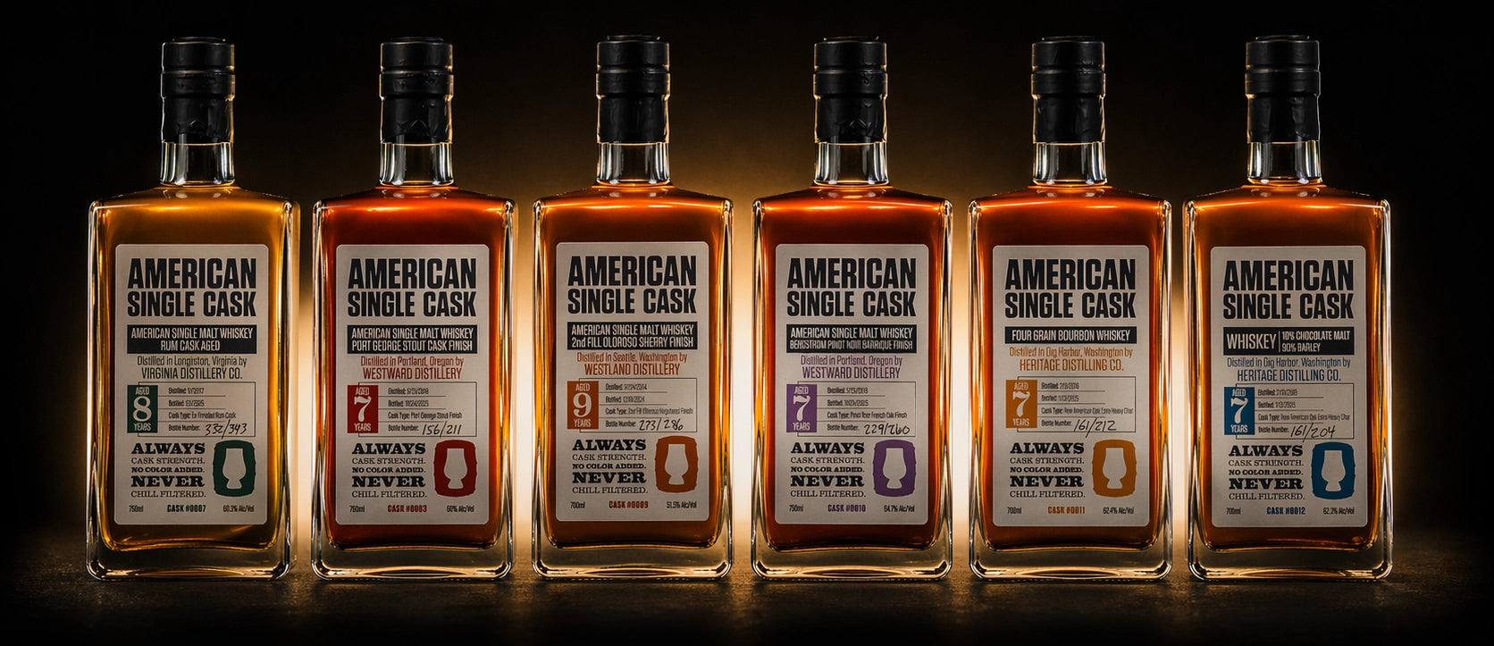 Six American Single Cask bottles